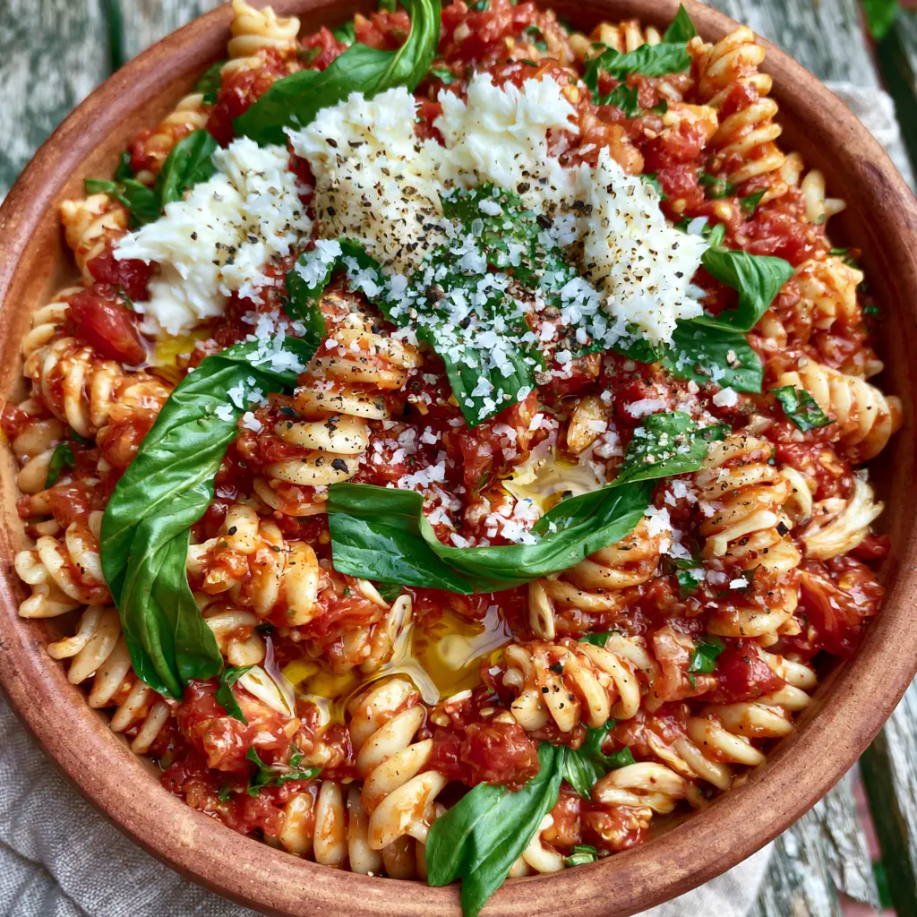 Summer Garden Pasta with Raw Heirloom Tomatoes and Buffalo Mozzarella 2 A glistening bowl of Summer Garden Pasta with golden olive oil and chunky ruby-red tomatoes. (Summer Garden Pasta)