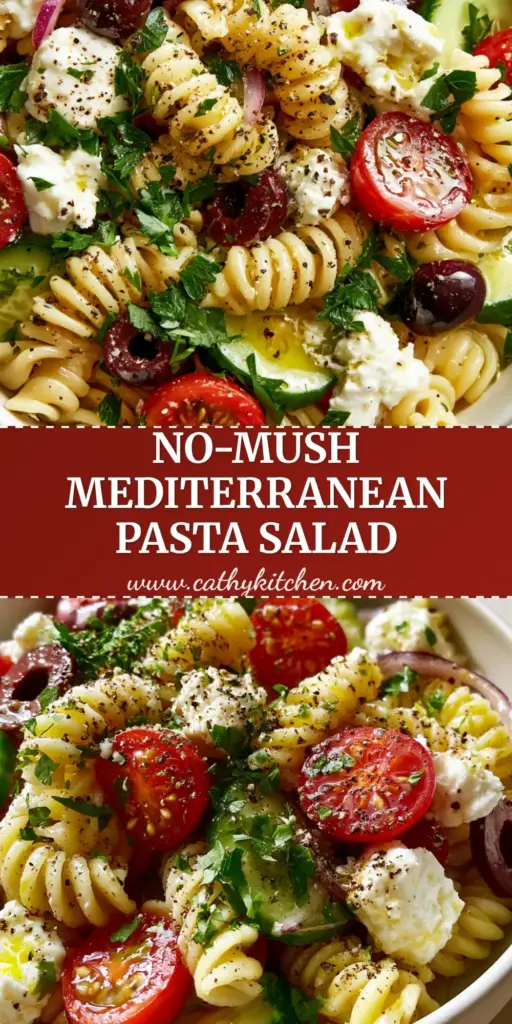 A vibrant Mediterranean Pasta Salad in a white bowl featuring glistening rotini, halved cherry tomatoes, and creamy feta. (Mediterranean Pasta Salad)