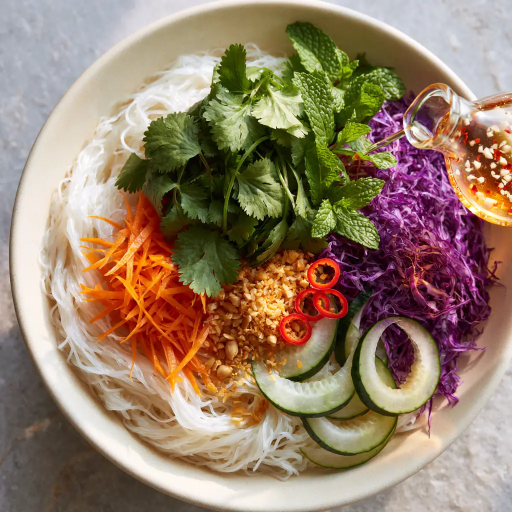 Pouring shimmering amber Nuoc Cham dressing from a carafe onto a fresh Vermicelli noodle salad.