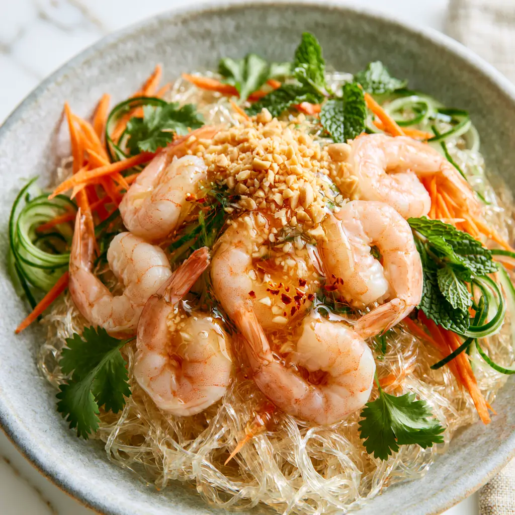 Overhead view of Vietnamese glass noodle salad with 8 large pink shrimp and emerald green cilantro sprigs.