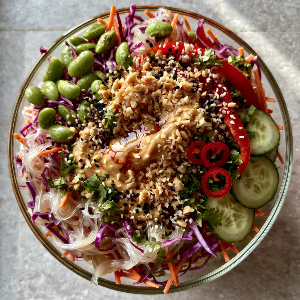 A handheld smartphone photo of a glass bowl filled with colorful vegetable rice noodle salad on a grey stone countertop.