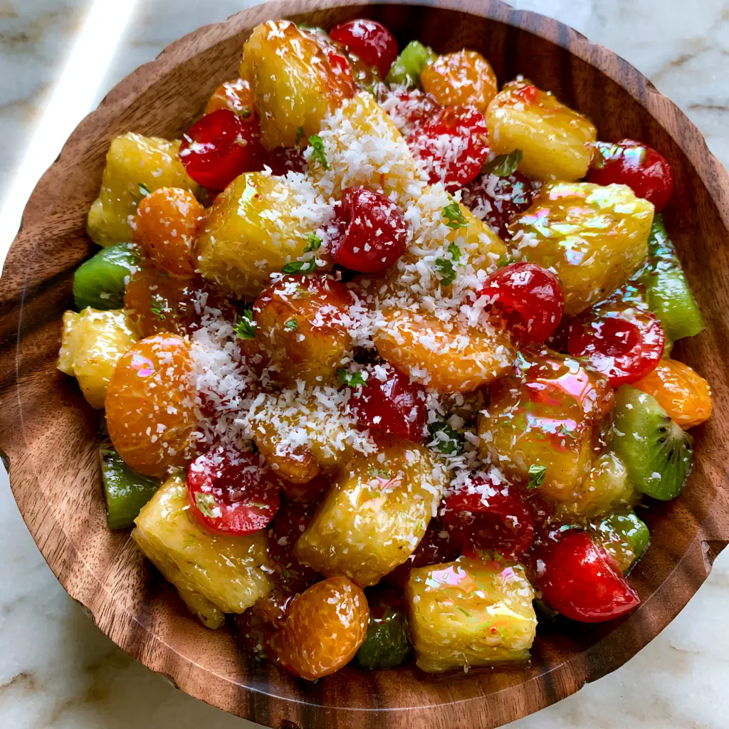 Hawaiian Fruit Salad garnished with snow-white coconut and mint in an acacia wood bowl on a marble countertop.