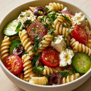 Macro top-down shot of Mediterranean Pasta Salad with glistening lemon vinaigrette and flat-leaf parsley. (Mediterranean Pasta Salad)