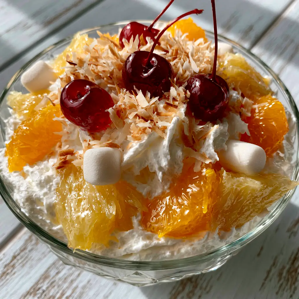 Hawaiian fruit salad topped with toasted shredded coconut and glossy maraschino cherries with stems in a glass bowl.