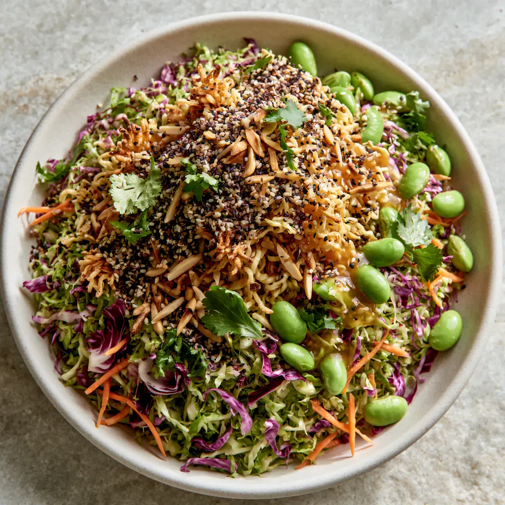 Close-up of glossy amber sesame-ginger dressing on a Ramen noodle salad.