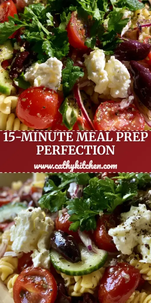 A top-down Pinterest Pin of Mediterranean pasta salad in a cream bowl with visible feta chunks and mint. (Mediterranean pasta salad)