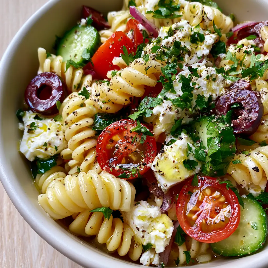 Hand-crumbled feta chunks and English cucumber slices in a vibrant Mediterranean Pasta Salad.