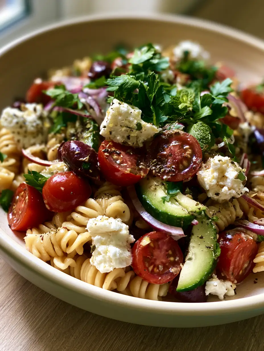 Smartphone photo of a wide, shallow cream-colored ceramic bowl filled with Mediterranean pasta salad featuring rotini, tomatoes, and feta. (Mediterranean pasta salad)