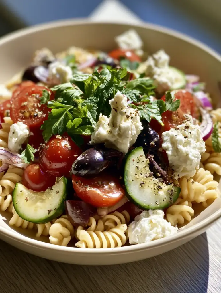 Close up of glossy halved cherry tomatoes and rustic feta chunks in a Mediterranean pasta salad. (Mediterranean pasta salad)
