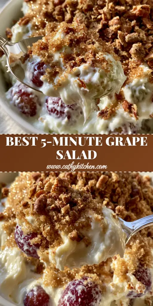 A silver spoon lifting a heap of glossy, velvety grapes topped with coarse brown sugar and toasted pecans. (Creamy Grape Salad Recipe)