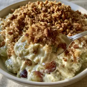 Smartphone photo of a white ceramic bowl filled with a Creamy Grape Salad Recipe under soft natural morning light.