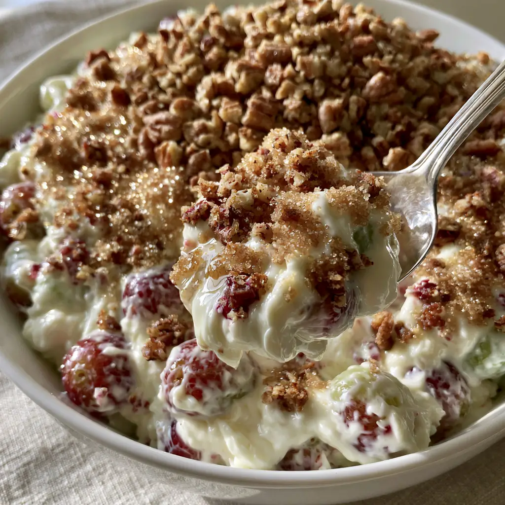 Close-up macro shot of the glossy white cream cheese dressing and sparkling brown sugar crystals. (Creamy Grape Salad Recipe)
