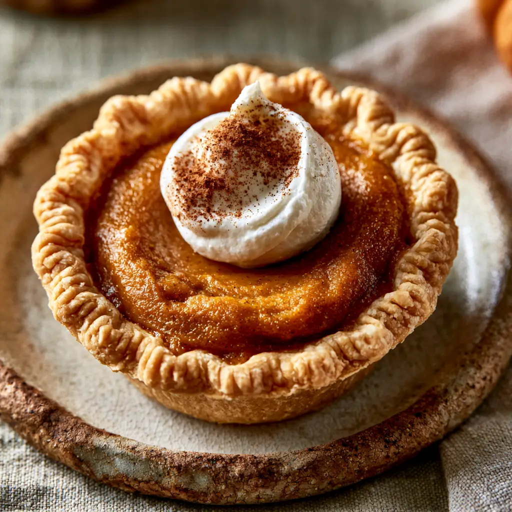A slice of pumpkin pie featuring a golden flaky crimped butter crust and a dusting of cinnamon.