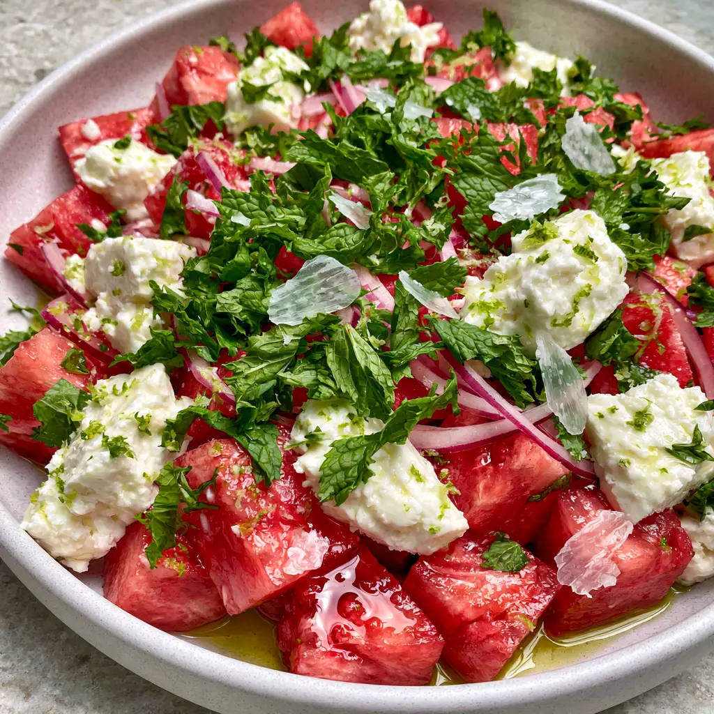 Top-down view of Watermelon Feta Salad in a matte white ceramic bowl on a stone background.