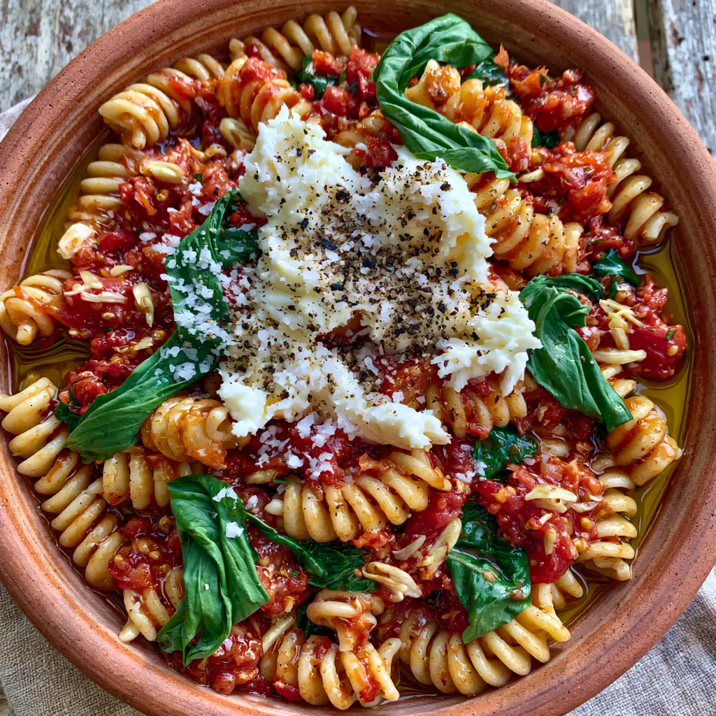 Summer Garden Pasta with Raw Heirloom Tomatoes and Buffalo Mozzarella 1 Close up of torn buffalo mozzarella and basil leaves on Summer Garden Pasta.