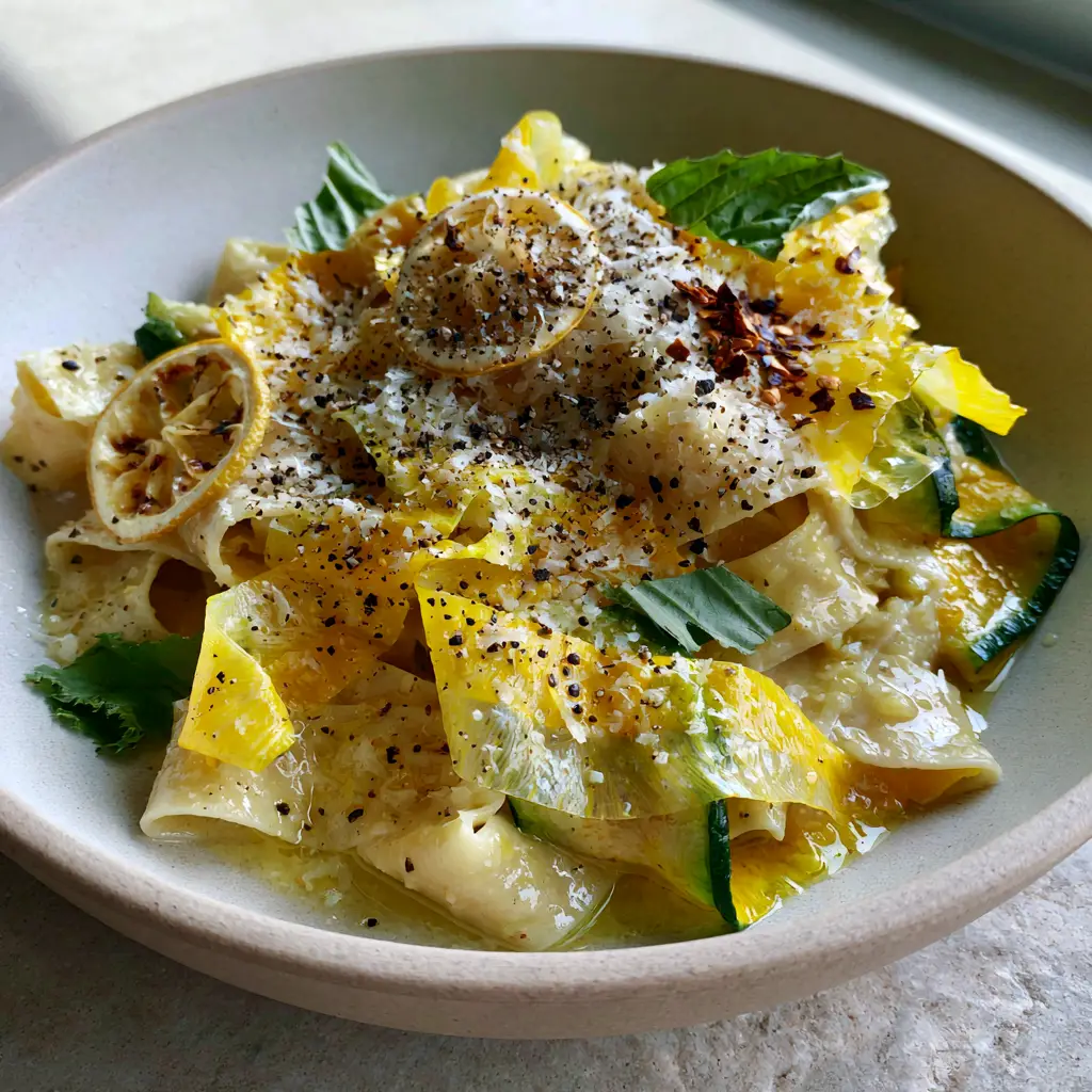 Wide shallow bowl of lemony summer squash pasta showing charred lemon slices and micro-planed parmesan cheese.