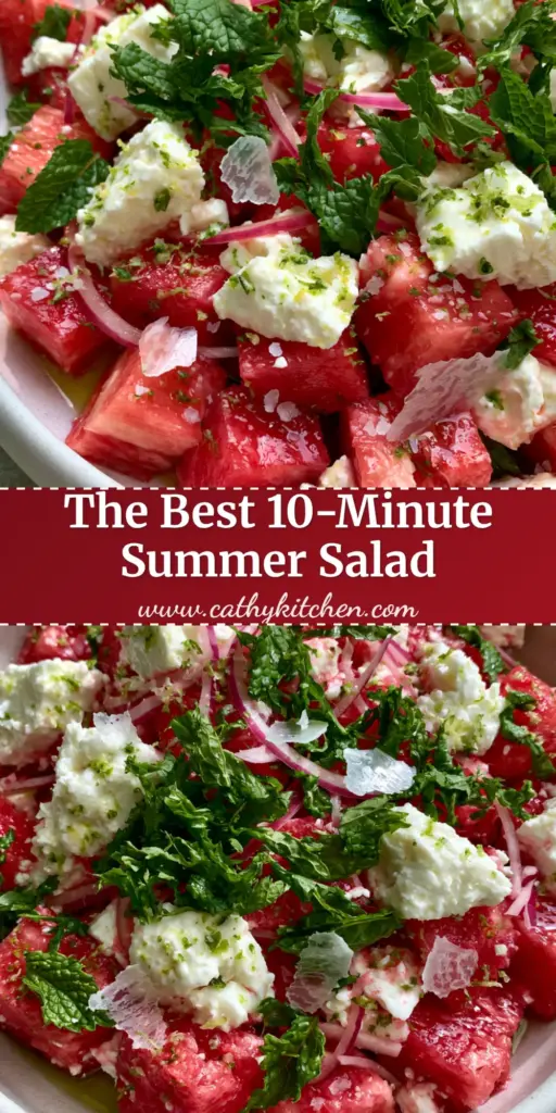 A top-down shot of a vibrant Watermelon Feta Salad with ruby-red cubes, white feta, and green mint in a white bowl.