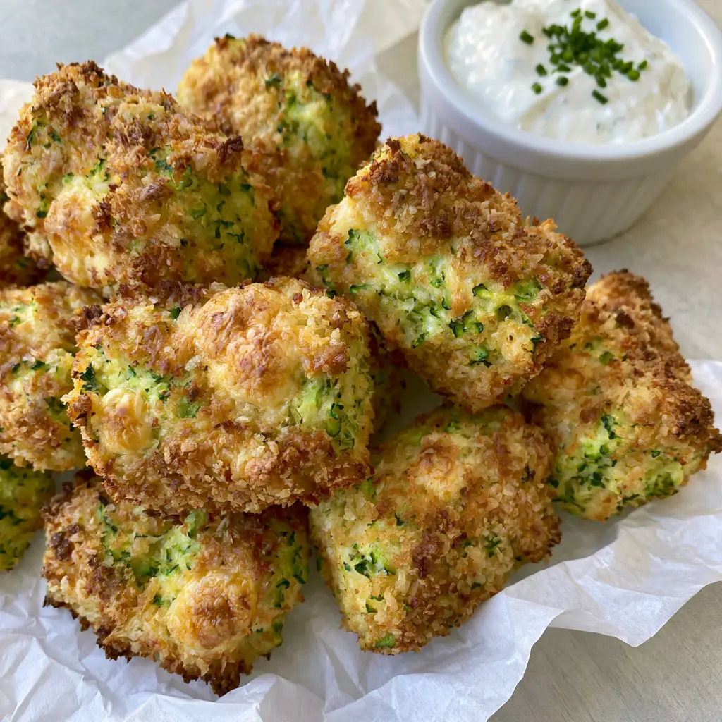 Top-down view of zucchini tots on white parchment paper next to a white ramekin of ranch dressing.