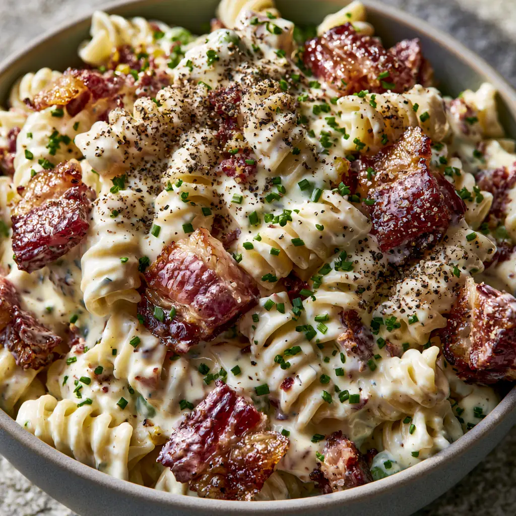 A modern matte ceramic bowl filled with Bacon Ranch Pasta Salad garnished with cracked black pepper and fresh chives.