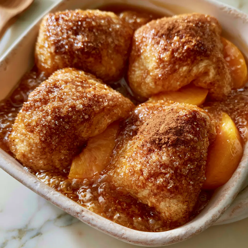 Close-up of bubbling amber caramel syrup pooling around the base of baked peach dumplings.