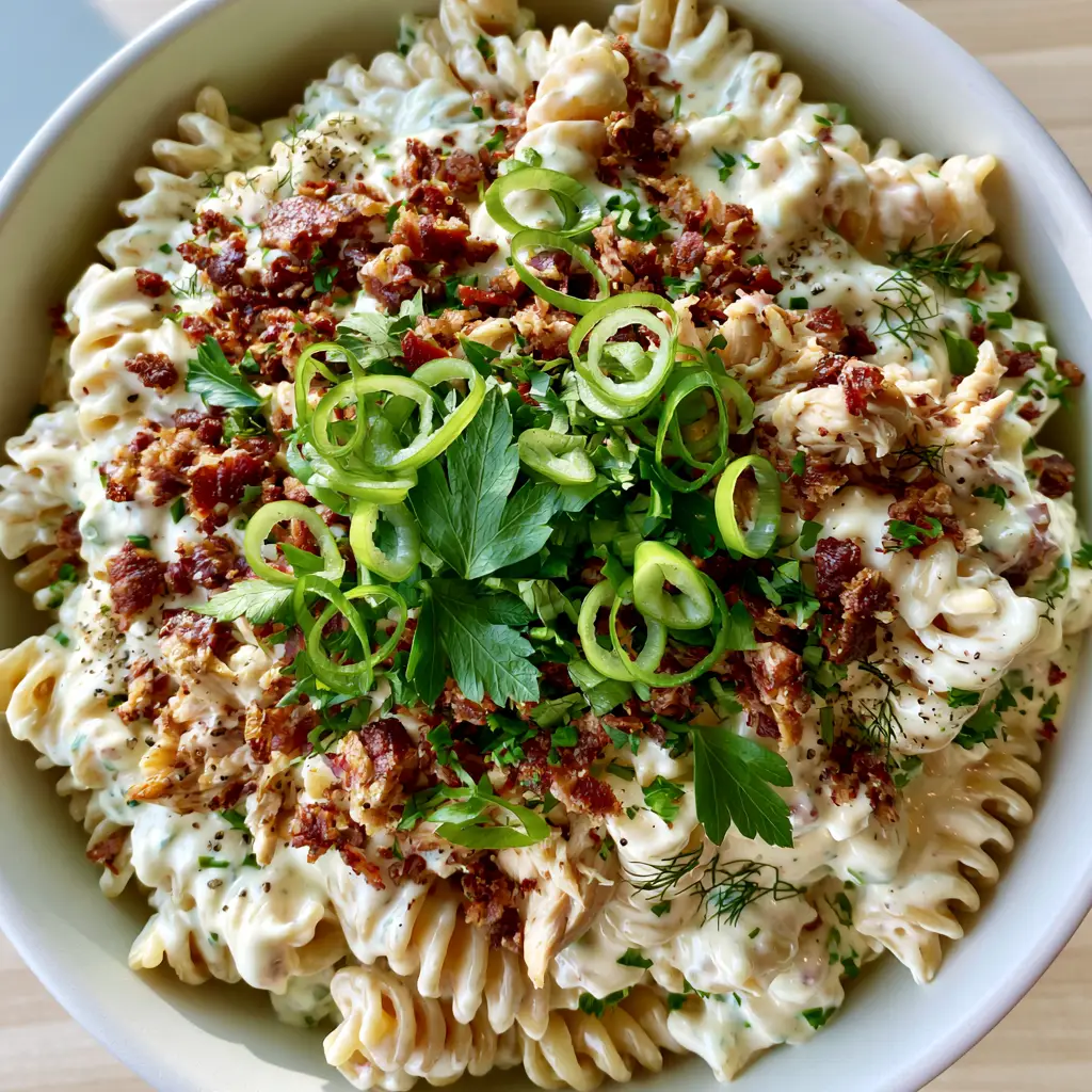 Close up of Chicken Bacon Ranch Pasta Salad showing the extra-crispy mahogany-colored bacon bits and bright green parsley garnish.