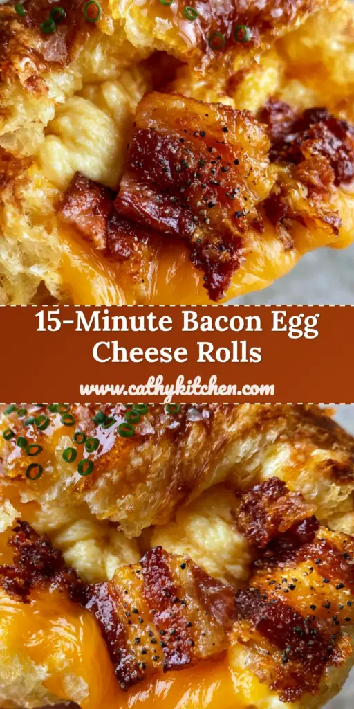 A close-up of handheld Bacon, egg, and cheese crescent rolls with visible flaky layers, melting cheddar, and fresh chives.