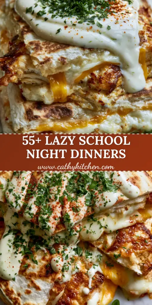 Back to School Dinner Ideas: Crispy Gourmet Sheet Pan Chicken Quesadillas 4 A stack of sliced sheet pan chicken quesadillas with a massive cheese pull, lime crema drizzle, and blistered tomatoes on a marble background. (back to school dinner ideas)