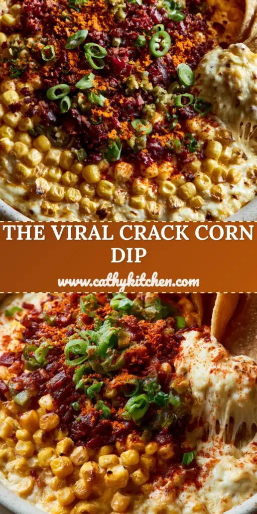 A top-down view of a rustic bowl filled with cheesy Corn Dip, featuring charred corn kernels, mahogany bacon bits, and green scallions with a cheese-covered chip being lifted.
