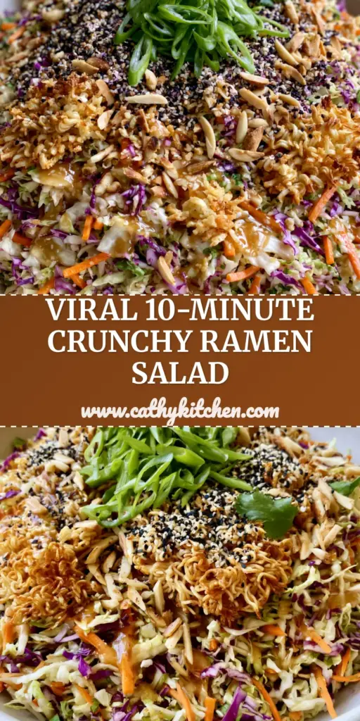 A vibrant and overflowing ramen salad with shredded purple cabbage and golden-brown toasted ramen noodle clusters in a white bowl. (ramen salad)