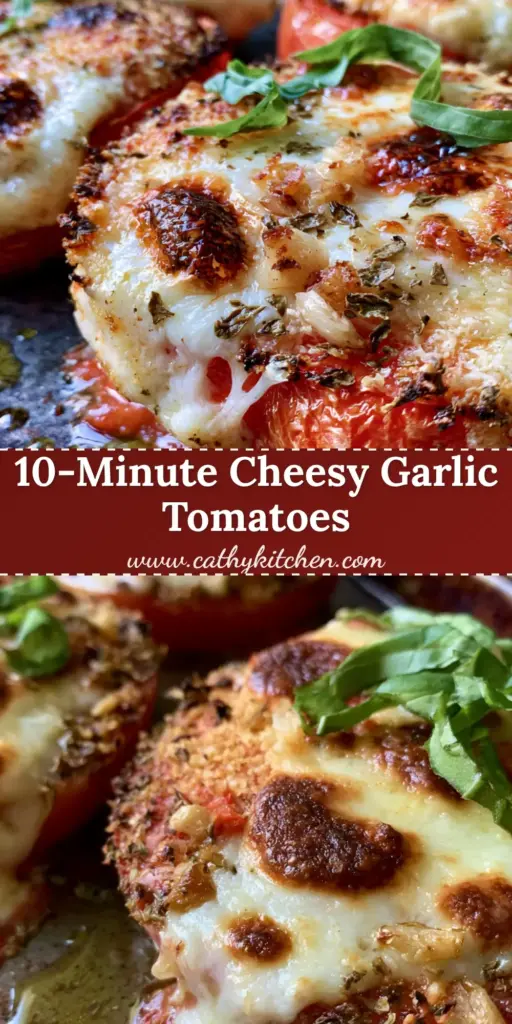 Close-up of Baked tomatoes with cheese featuring thick slices, melted bubbly mozzarella, and a golden-brown parmesan-herb crust garnished with basil ribbons.