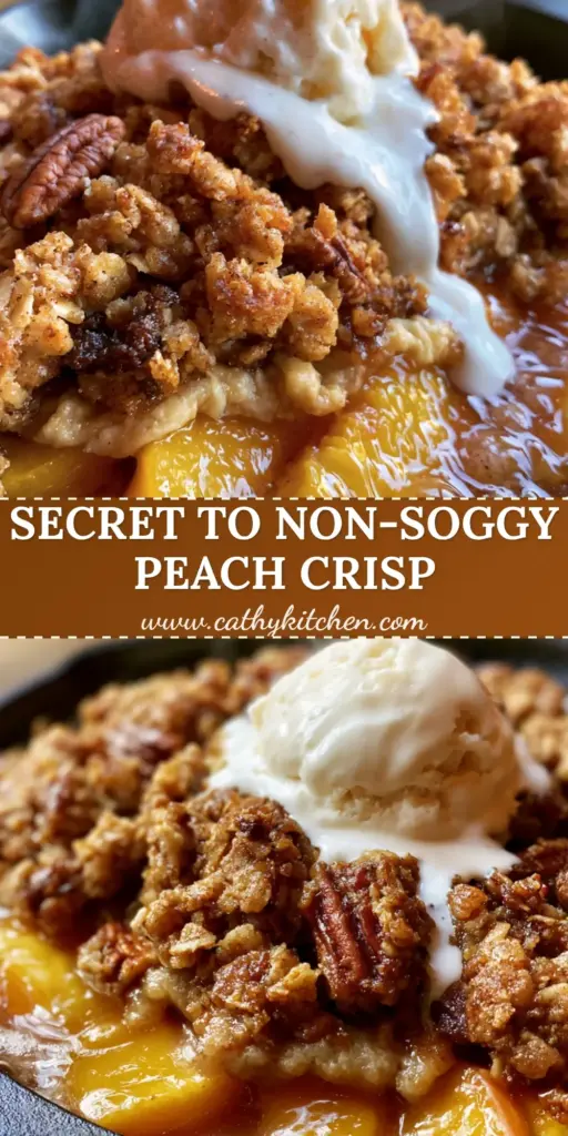 A close-up of a rustic cast iron skillet Peach Crisp with bubbling amber syrup, a shortbread barrier, and jumbo toasted oat clusters topped with melting vanilla ice cream.