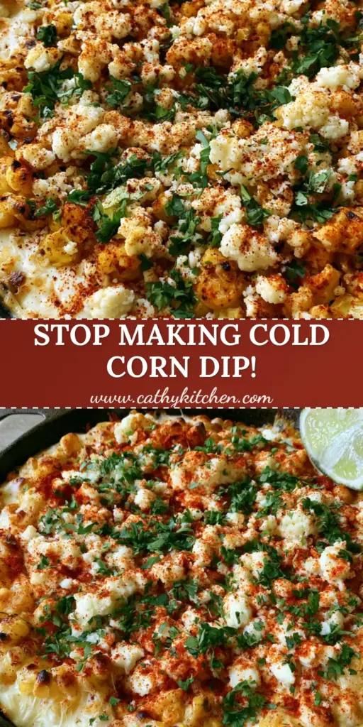 A sizzling Baked Elote Dip in a black cast iron skillet topped with charred corn, cotija cheese, and cilantro. (Baked Elote Dip)