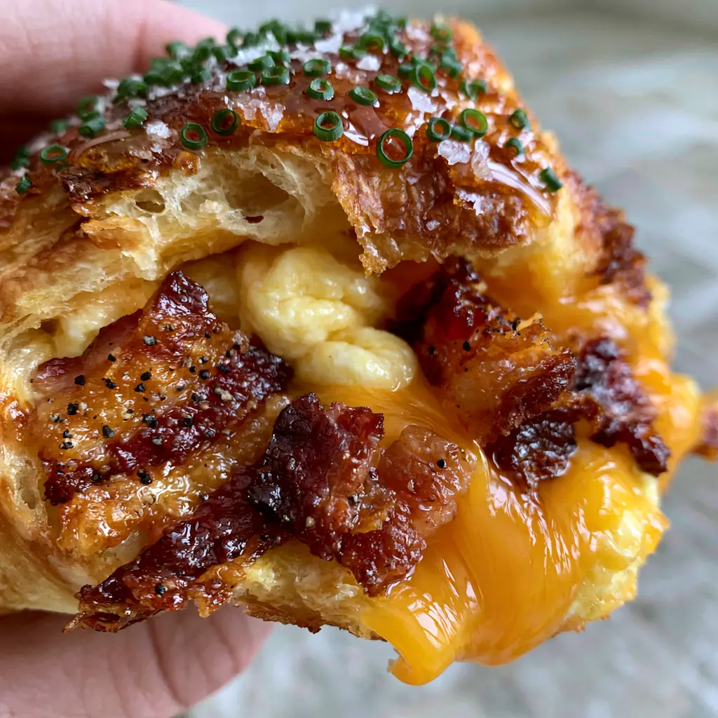 Macro view of velvety pale-yellow scrambled eggs and crispy applewood bacon tucked inside a golden crescent roll.