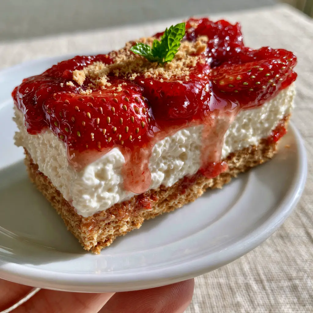 Close up of strawberry seeds and glossy glaze on a no-bake dessert.