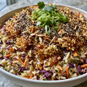 Overhead view of a ramen salad showing the mix of Napa cabbage, orange matchstick carrots, and bright green scallions. (ramen salad)