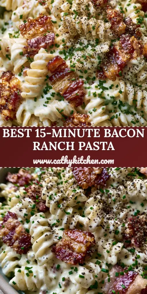 A vertical shot of Creamy Bacon Ranch Pasta Salad with thick-cut bacon, green peas, and fresh chives in a matte bowl.
