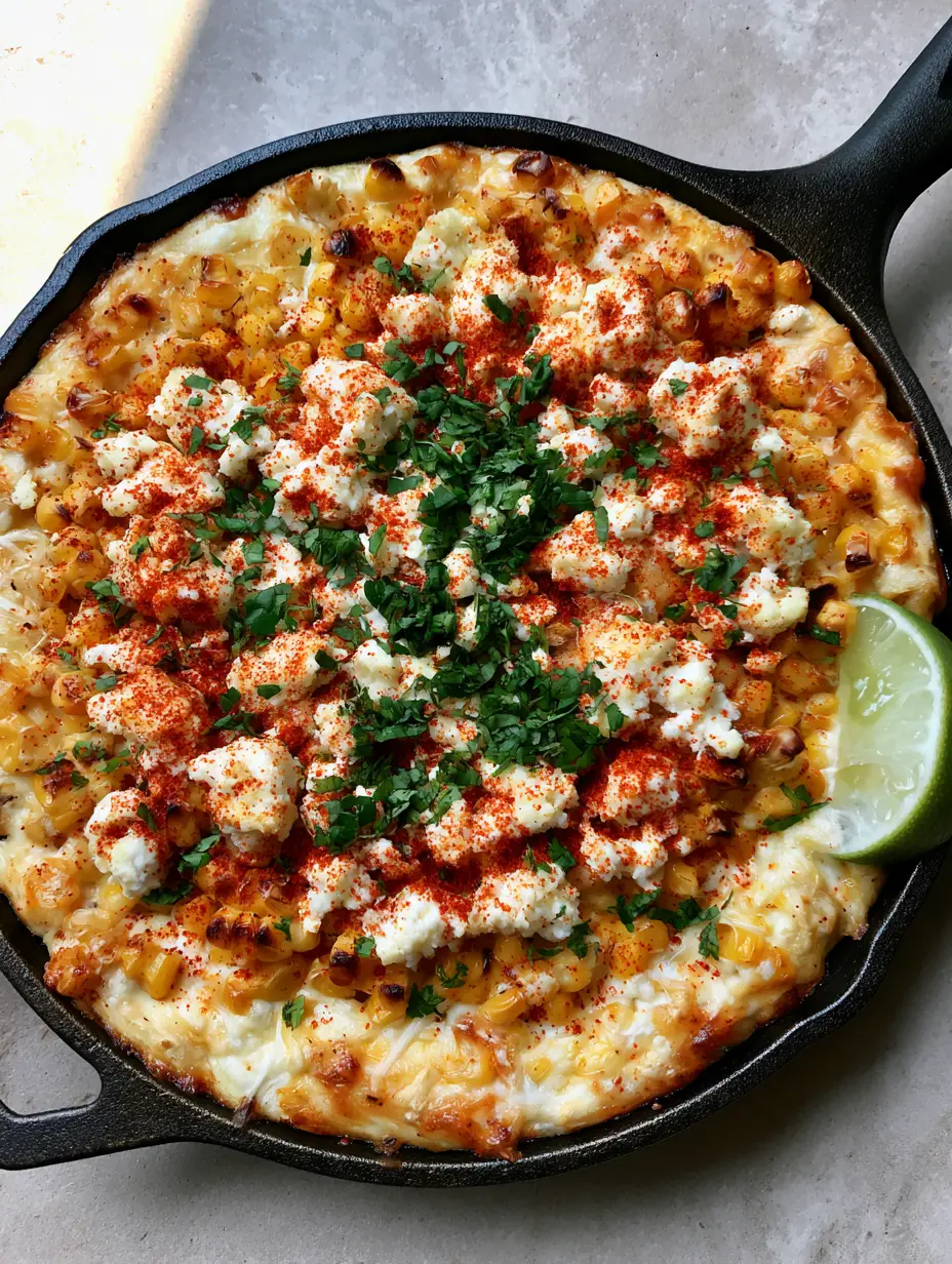 Top-down view of charred sweet corn kernels and melted cheese in a cast iron skillet. (Baked Elote Dip)