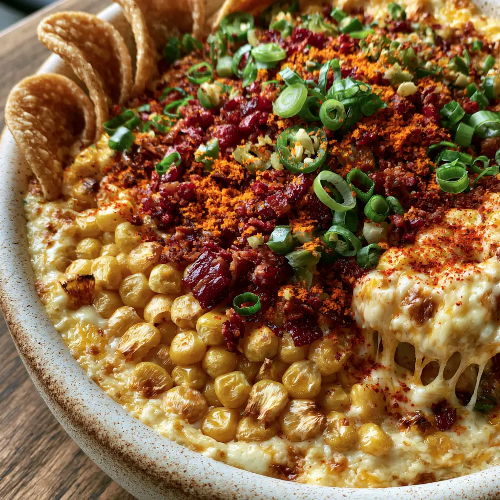 Close up of a corn chip scooping a large portion of molten Corn Dip with visible cheese strings. (Corn Dip)