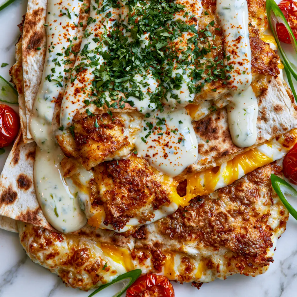 Back to School Dinner Ideas: Crispy Gourmet Sheet Pan Chicken Quesadillas 1 Sheet pan quesadilla sliced into triangles, topped with thick lime crema, cilantro, and smoked paprika flakes. (back to school dinner ideas)