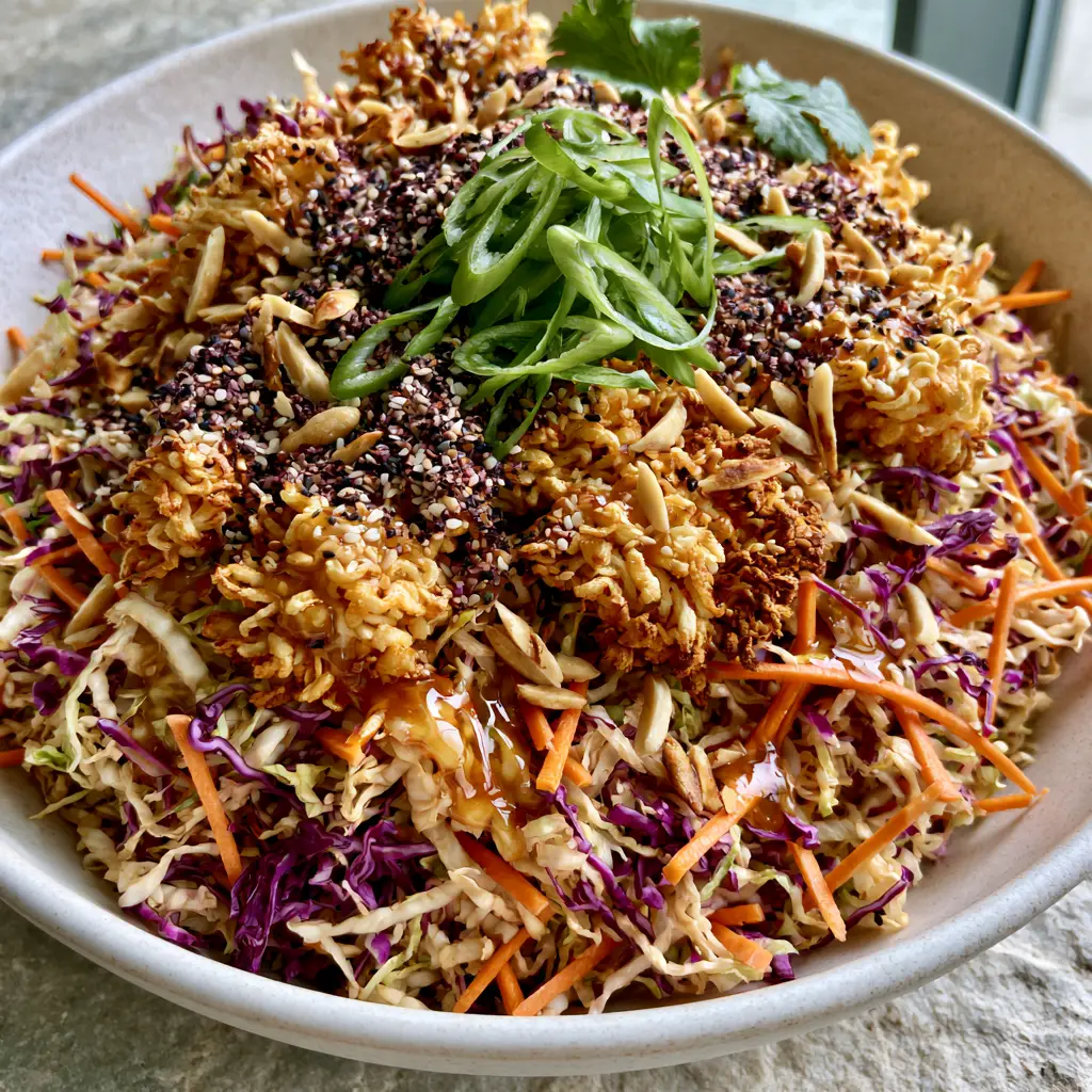 Close-up of golden-brown toasted ramen noodle clusters and slivered almonds topping a glossy ramen salad.