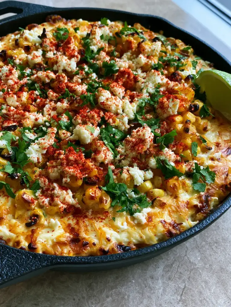 45-degree angle shot of gooey cheese strings in a Baked Elote Dip. (Baked Elote Dip)
