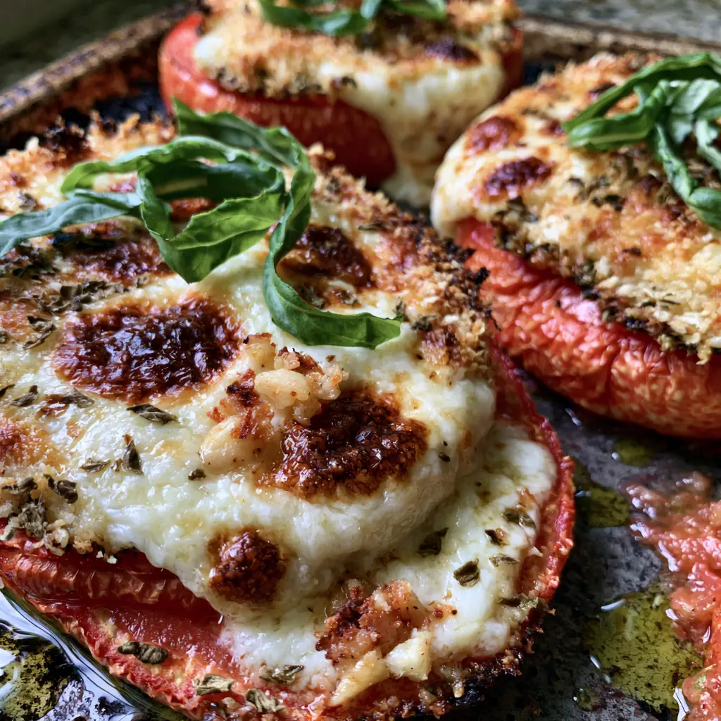 Slices of Baked tomatoes with cheese topped with a golden parmesan-herb crust and roasted garlic bits.
