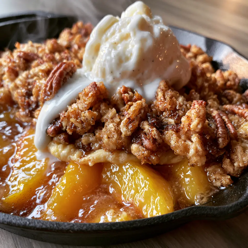 Detailed view of jumbo toasted oat clusters with dark brown sugar ridges and chopped pecans on a Peach Crisp.