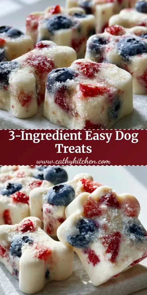 A minimalist stone tray holding several Frozen Dog Treats in the shape of paws and bones, featuring vibrant blueberries and strawberries embedded in white yogurt.