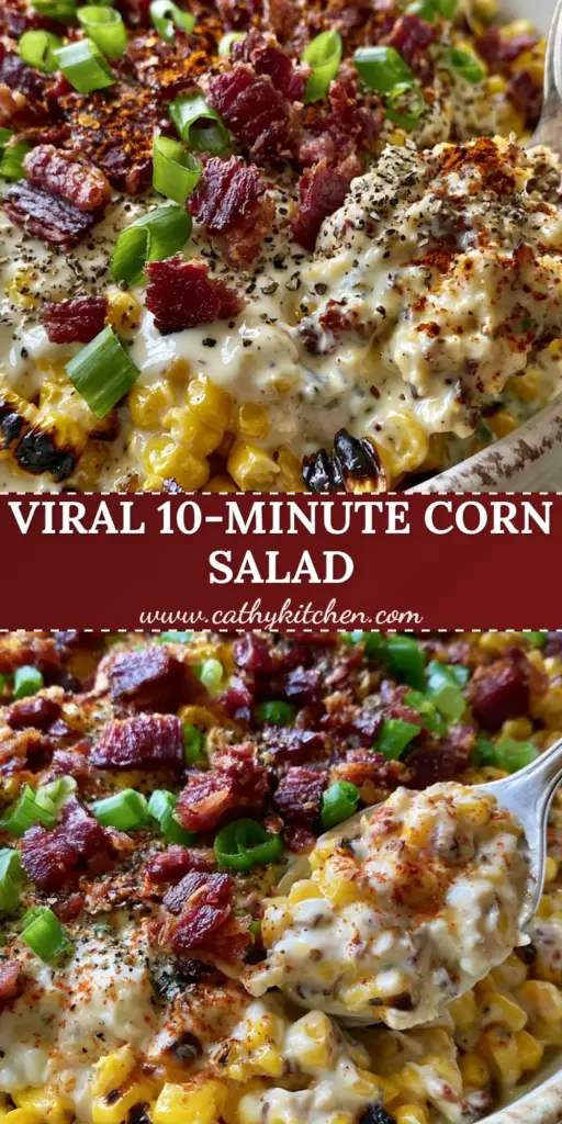 A Pinterest-style graphic for Crack Corn Salad showing a creamy corn mixture with bacon and scallions in a white bowl.