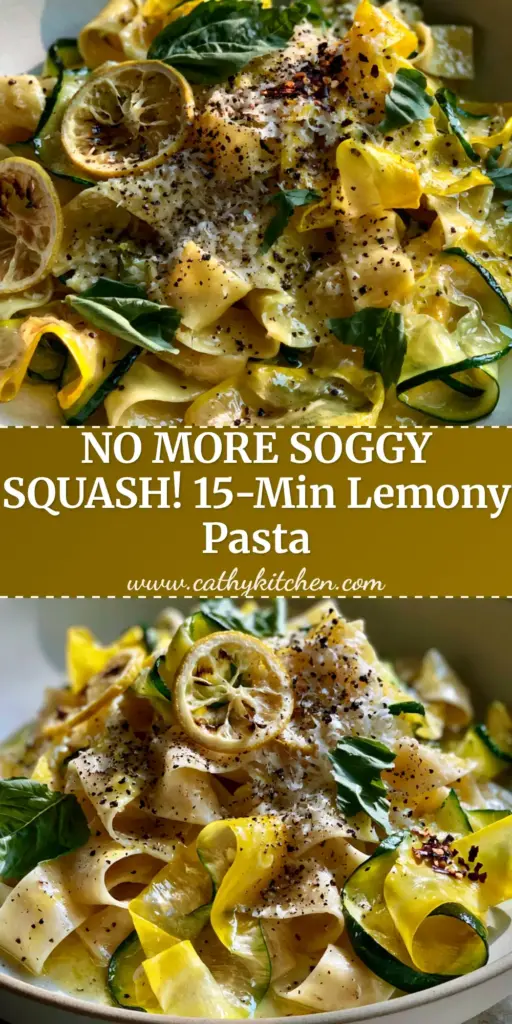 A top-down view of lemony summer squash pasta in a matte bowl featuring pappardelle, zucchini ribbons, and charred lemons.