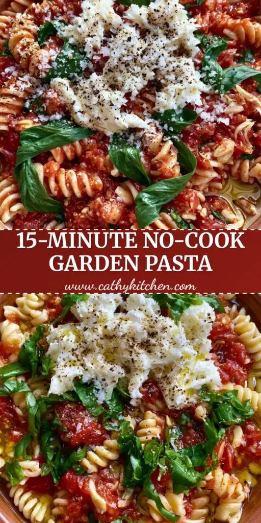 Summer Garden Pasta with Raw Heirloom Tomatoes and Buffalo Mozzarella 4 A top-down view of a terracotta bowl filled with Summer Garden Pasta featuring fusilli, crushed tomatoes, and basil ribbons.