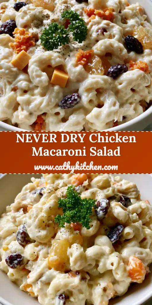 A creamy Filipino chicken macaroni salad in a white bowl, showing shredded chicken, cheddar cubes, and pineapple. (chicken macaroni salad)
