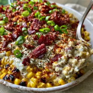 A macro smartphone photo of vibrant crack corn salad in a rustic white ceramic bowl with charred corn and bacon.