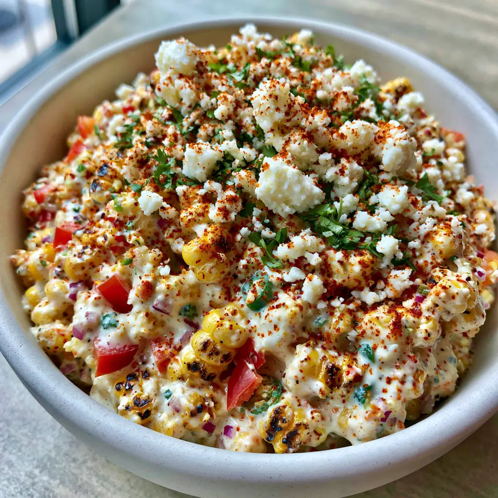 Creamy Corn Salad with Charred Sweet Corn and Lime Crema 2 Close-up of charred sweet corn kernels with distinct grill marks for a creamy corn salad. (creamy corn salad)